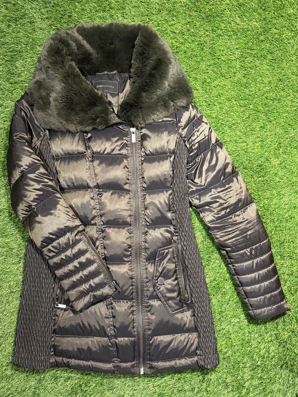 BCBGMaxAzria Quilted Faux-Fur Collar Puffer Coat - Olive Green